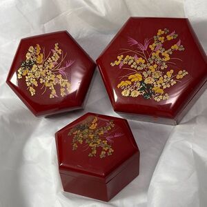 Vintage set of 3  lacquer finish floral nesting boxes  acrylic.